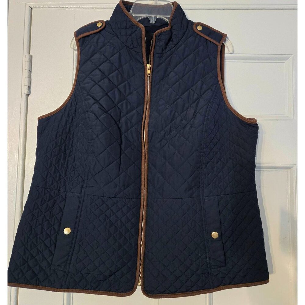 Talbots Woman Navy Quilted Vest with Faux Leather Trim, Size 1X